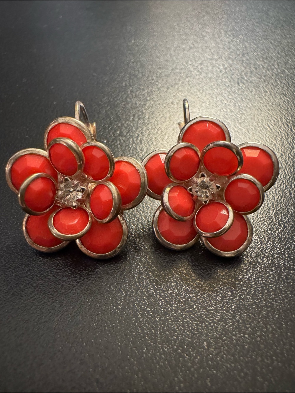 Vintage Red Enamel Flower Rhinestone Clip On Earrings